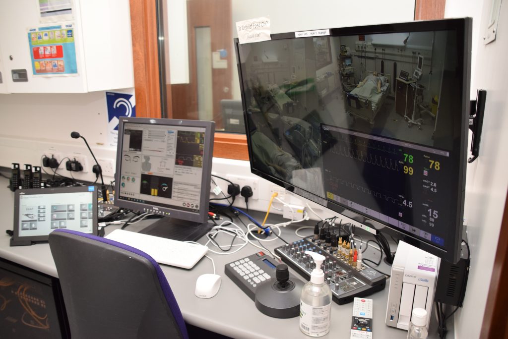 The Simulation centre's control room is situated between both clinical rooms and features one way windows so that our centre's staff can view the simulation training and interact according to the clinical scenario