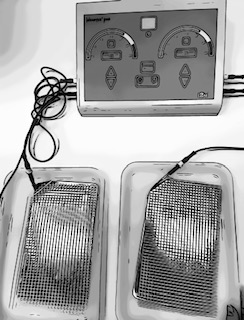 Picture of trays of shallow water. These trays are attached to the machine by electrical cables. &nbsp;