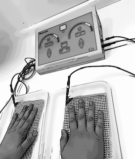 Picture of hands in the trays of shallow water. These trays are attached to the machine by electrical cables. &nbsp;
