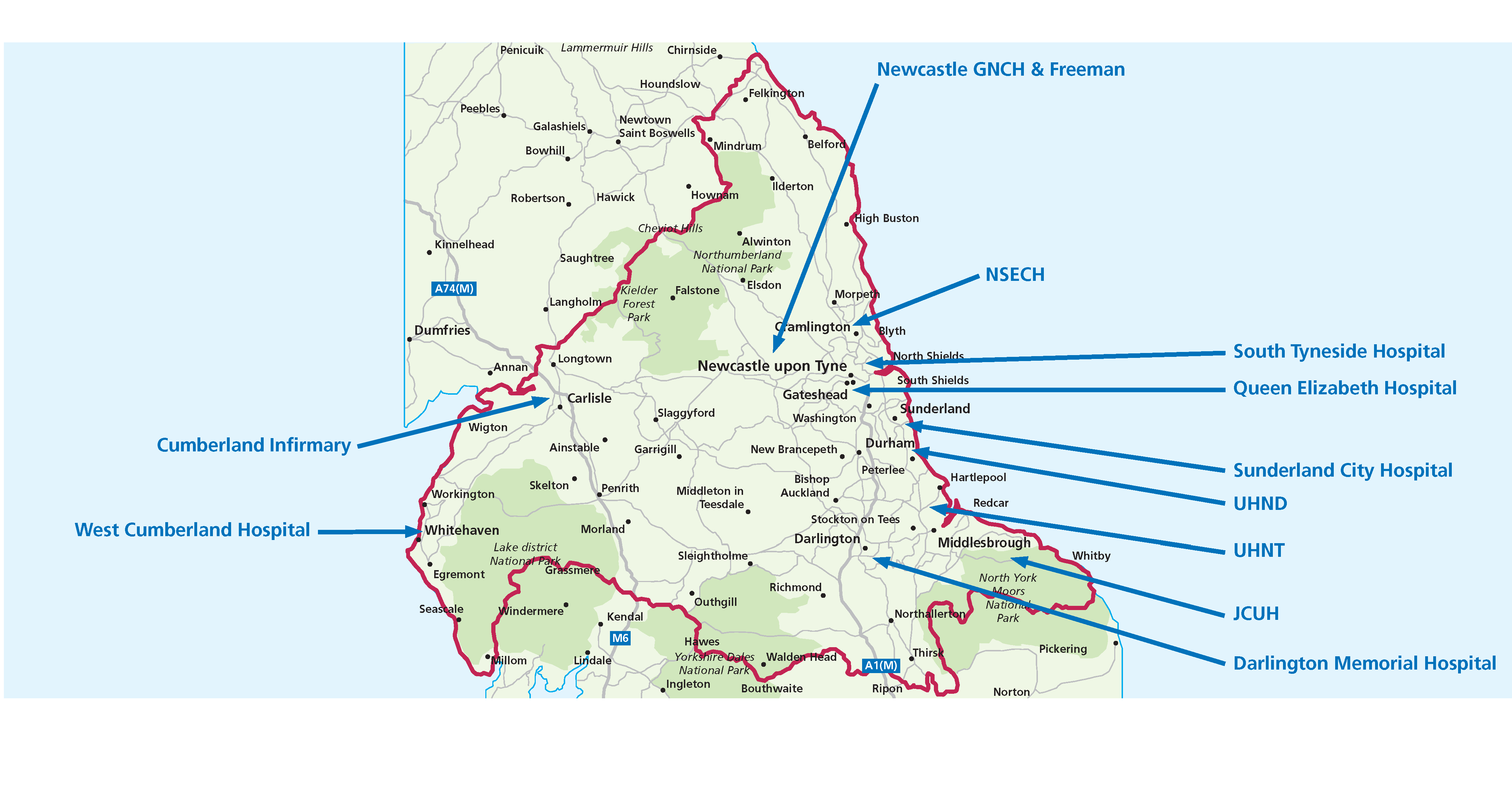 Map of the UK with labels of all the areas the NECTAR service covers across the North East and North Cumbria.