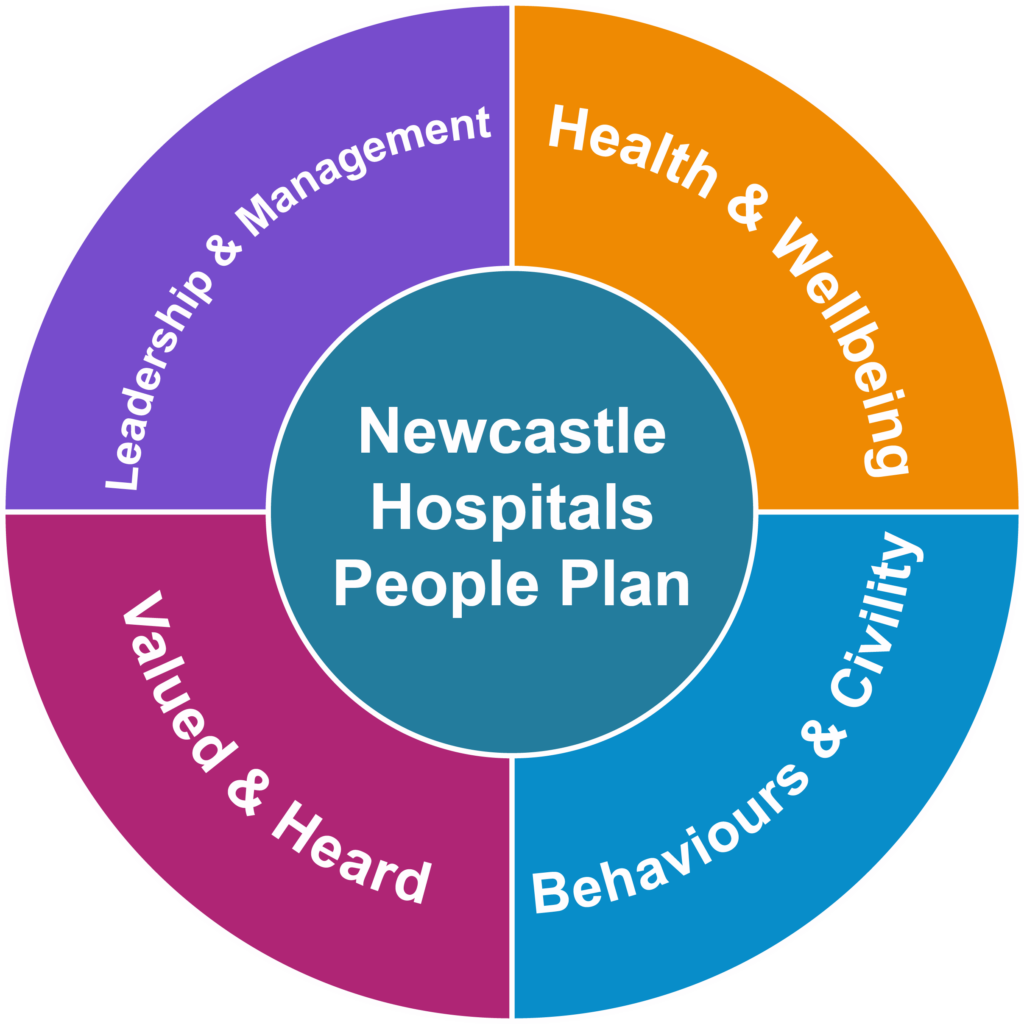 A circular graphic, with the words Newcastle Hospitals People plan in the centre, surrounded by four segments which complete an outer circle. The segments are: health and wellbeing, valued and heard, behaviours and civility, leadership and development.