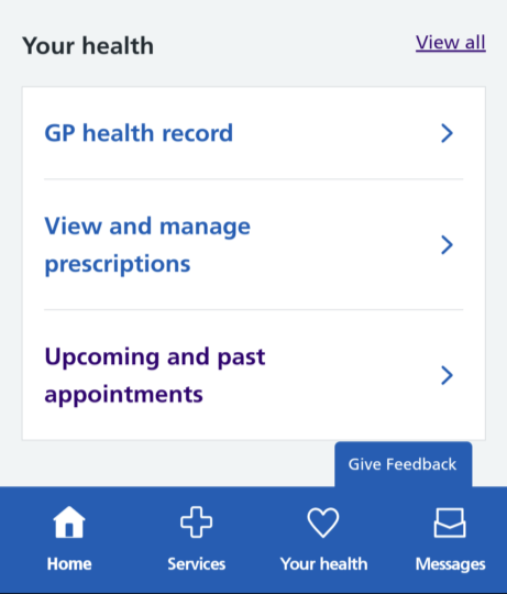 Screenshot of the NHS App, Your Health section which will display hospital appointments