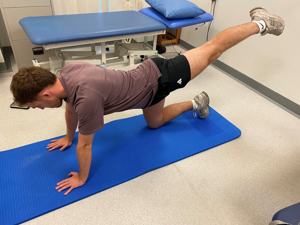 Person on all fours on a blue mat with one leg straight out behind them.