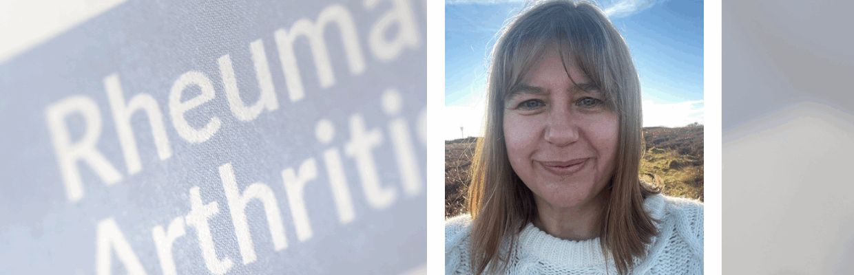 A headshot of a woman smiling with Rheumatoid Arthritis written to the side