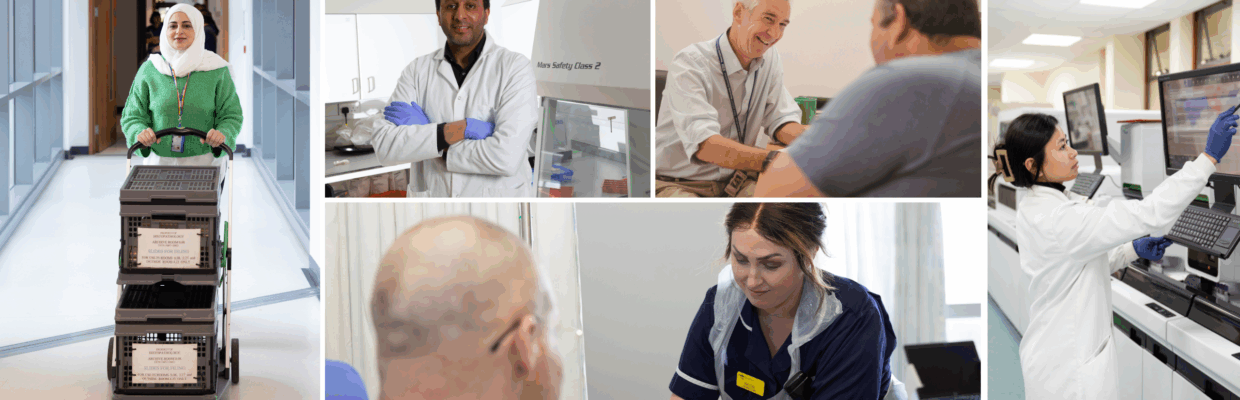 A selection of photos of people working throughout the hospital